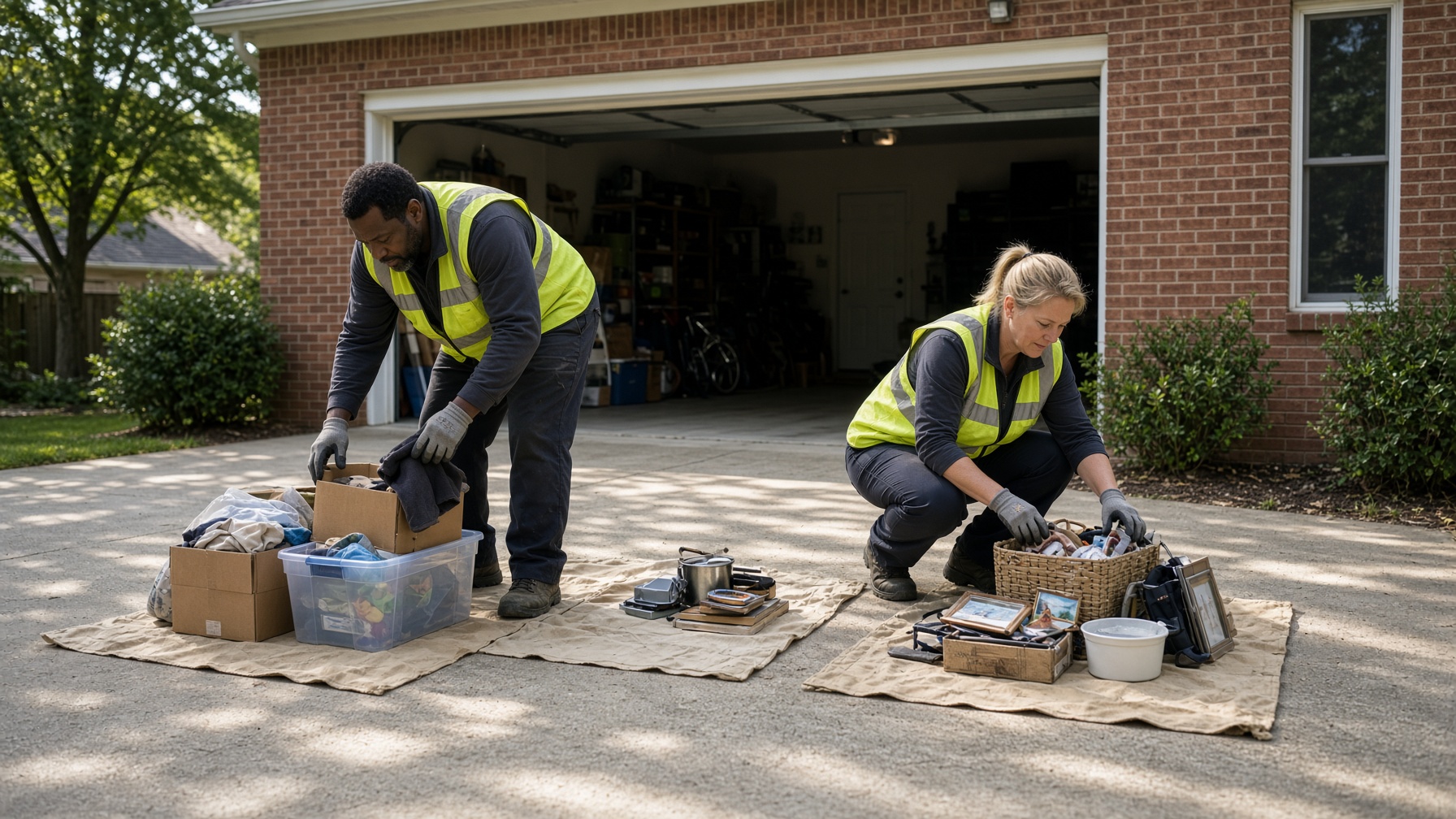 Two-person crew sorting garage contents on a driveway