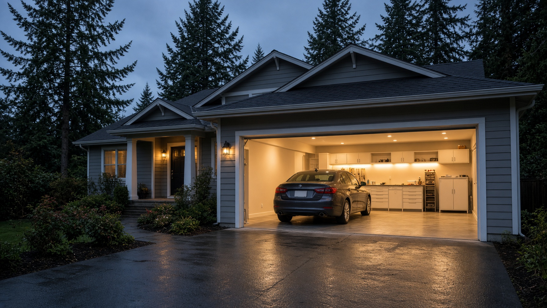 Show-ready garage at dusk with a car parked inside