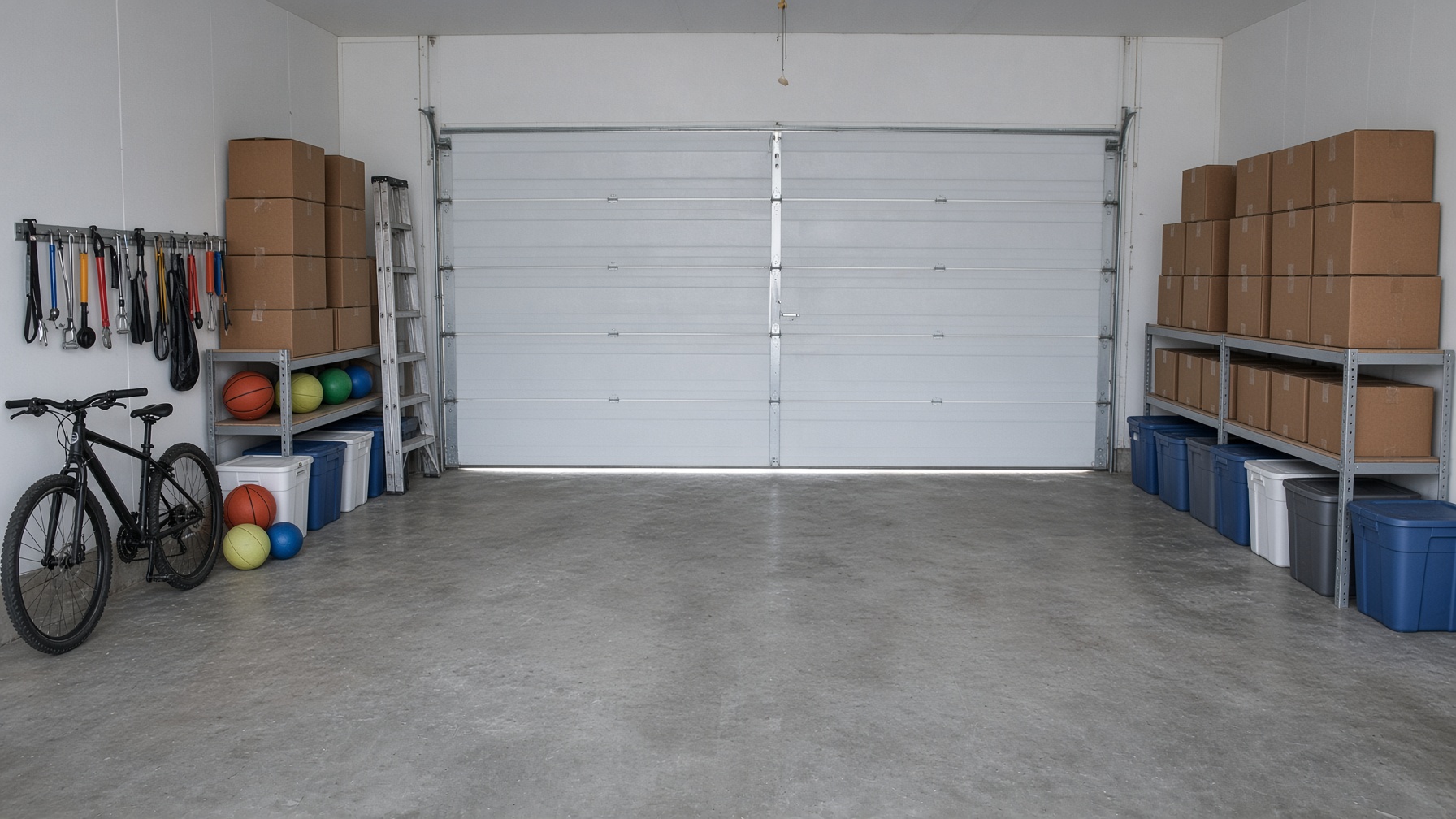 Same two-car garage with the belongings organized on shelves, bins, and hooks