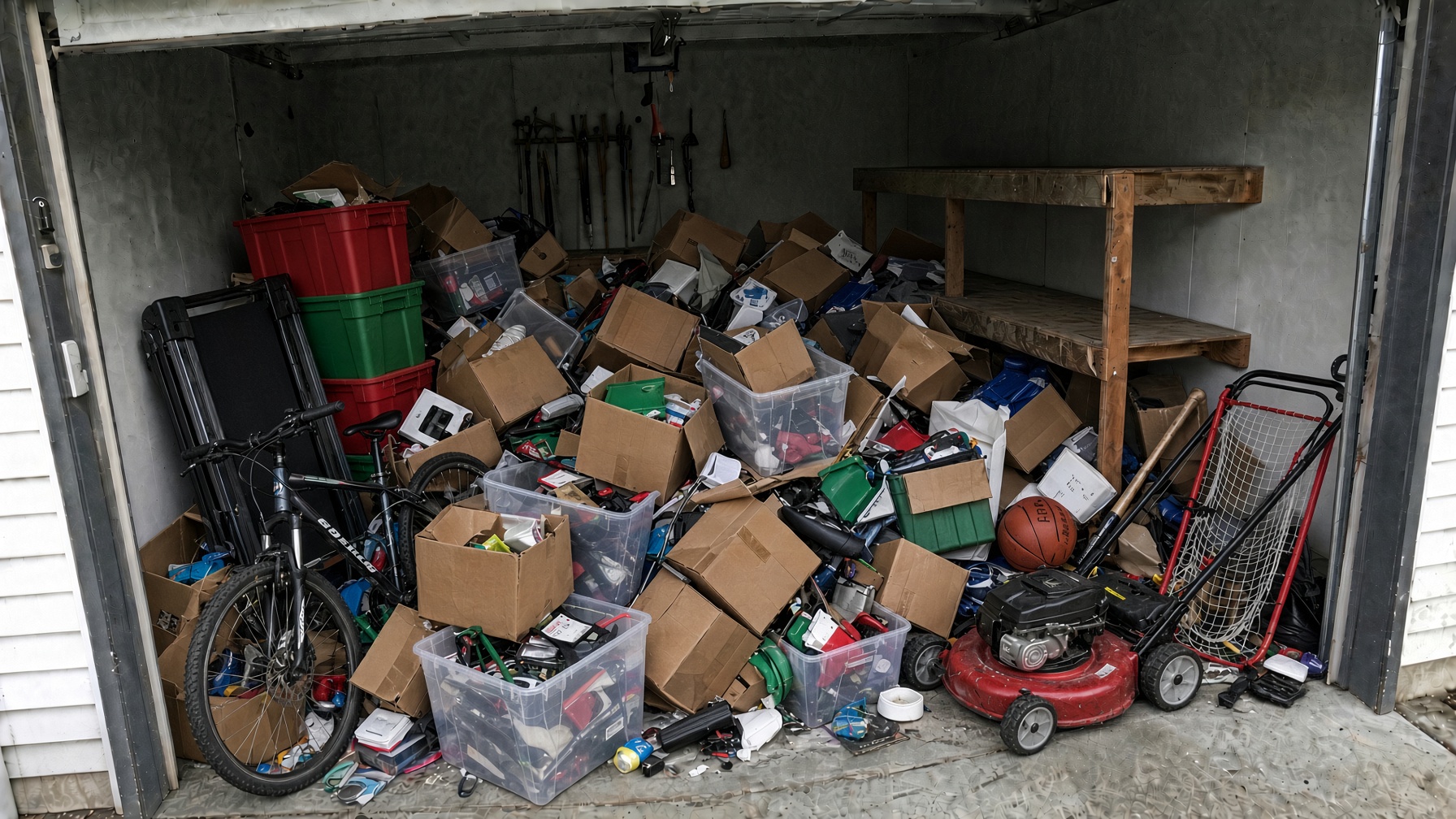 Cluttered two-car garage before a reset