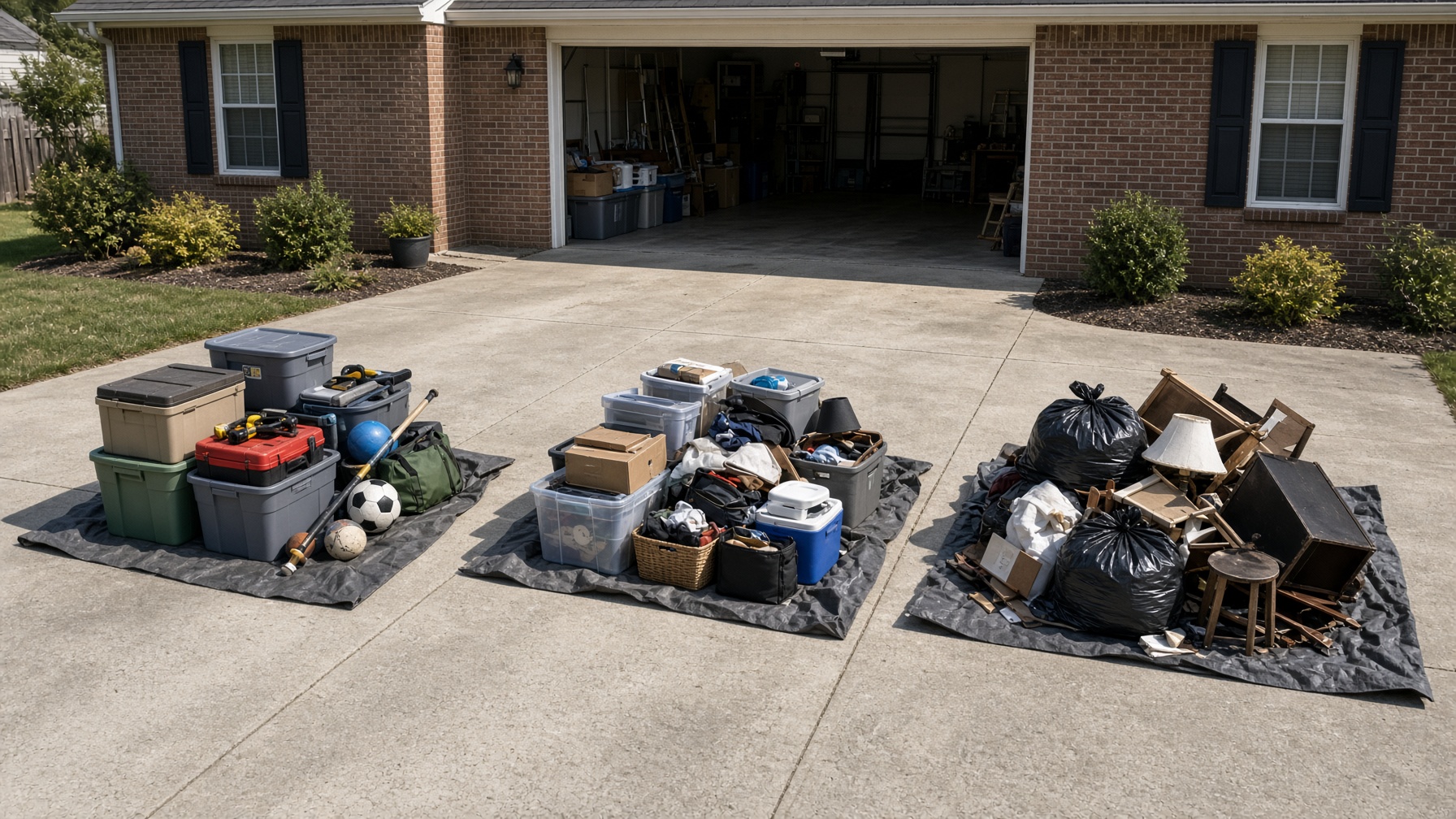 Keep, sell, donate, and dispose piles on a driveway