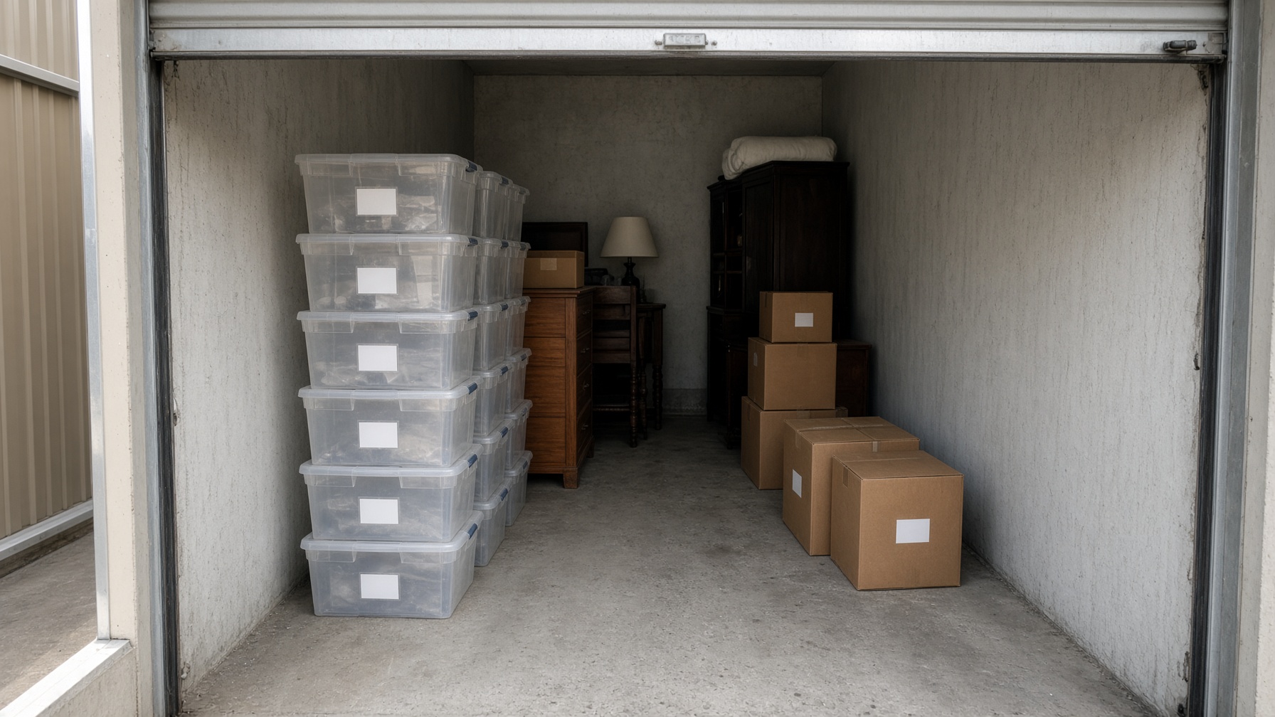Organized storage unit with labeled bins, furniture, and an aisle